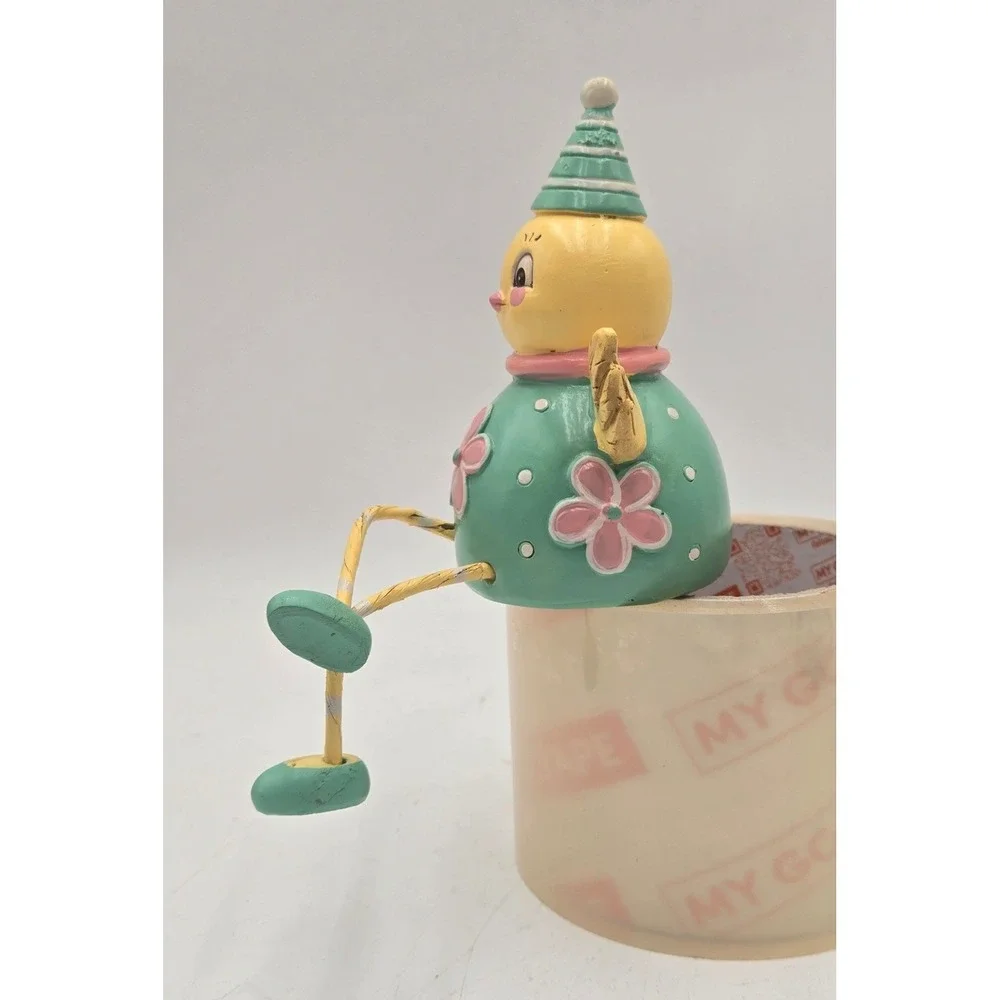 Easter Chick Shelf Sitter Figurine Teal Pink Flower Party Hat Spring Decor